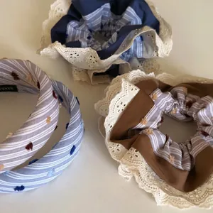French lace stripe scrunchie and headband set with textured polka dot embroidery decor