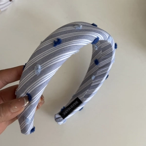 French retro blue striped lace hair scrunchie with colorful plush dots and handmade label