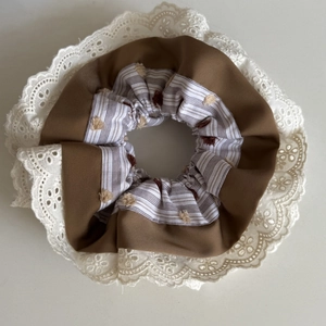 Vintage French style lace scrunchie with brown stripes and delicate embroidery details