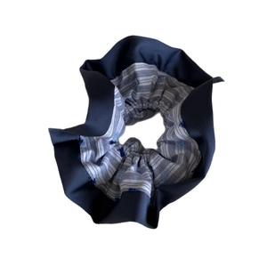 French lace striped scrunchie in navy blue with elegant ruffled dot fabric pattern