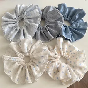 Five-piece set of blue polka dot and plaid patterns oversized fabric scrunchies for hair