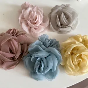 Chouchou en Maille Fleurie Élégant pour Femmes Doux Rose 3D en Organza Élastique à Cheveux Mode Bijoux de Cheveux Faits à la Main