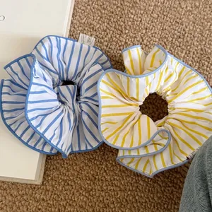 Fashion Striped Fabric Scrunchie Large Hair Tie With Blue Edging Handmade Elegant Hair Accessories For Women Yellow Blue