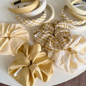 Yellow Gingham Padded Sponge Headband For Women Fabric Wide Hairband Fashion Handmade Scrunchie Hair Accessories Set