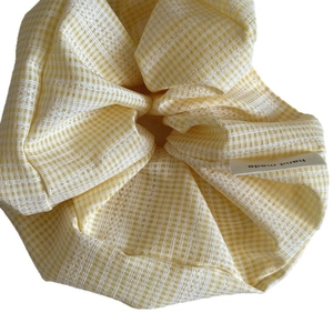 Lemon yellow gingham scrunchie with lace trim and handmade label for high cranial top