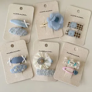 Handmade Sweet Fabric Flower Bow Hair Clips Set For Girls Kids Floral Plaid Blue Pink Barrettes Cute Hair Accessories