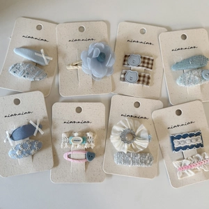 Handmade blue floral hair clips and bow hairpins set with embroidery for kids