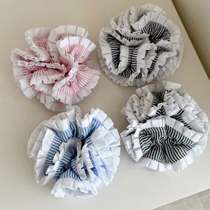 French Style Blue Striped Large Scrunchie Heavywork Lace Edge Pleated Hair Tie Elegant Commuting Headwear For Women Fashion Hair Accessories