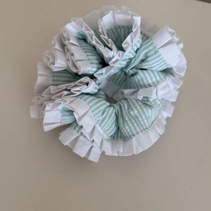 French blue striped oversized scrunchie with layered ruffles for elegant hair styling