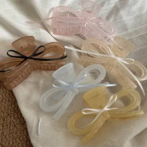 French Acrylic Ribbon Bow Hair Claw Clip For Women Balletcore Style Sweet Large Shark Clip Fashion Sweet Hair Accessories