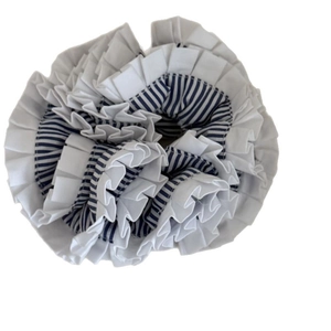 French style blue striped scrunchie with layered white ruffles and pleats for women