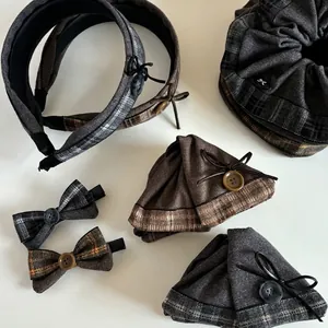 Retro British Style Plaid Fabric Hair Accessories Set Vintage Button Bowknot Headband Shark Claw Clip Duckbill Clip For Women