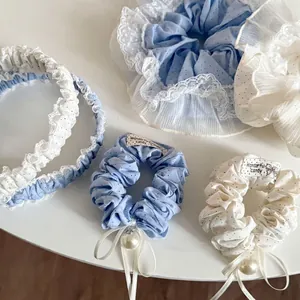 Sweet Blue White Polka Dot Hair Accessories Set Lace Pleated Headband Bow Claw Clip Artificial Pearl Scrunchie For Women Girls