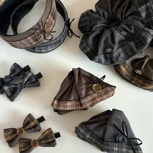 Vintage brown plaid hairband and hair claw set with button details for women