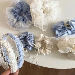 Blue and white polka dot hair accessories set with lace, pearls and bows