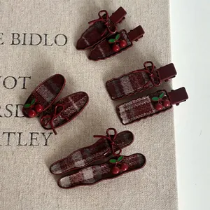 Retro Wine Red Plaid Hair Clip For Women Metal Cherry Bow Decor Oval Side Clip Sweet Fashion Daily Hair Accessories