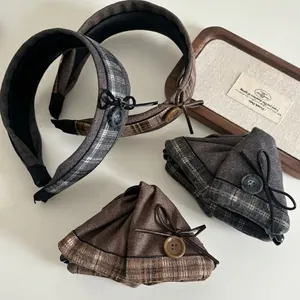 Vintage brown plaid headbands and hair clips with button and bow detail
