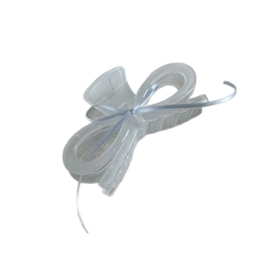 Translucent white butterfly hair claw clip with silver-gray ribbon bow on white backdrop