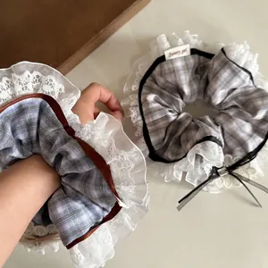 Sweet Plaid Lace Scrunchie With Bow Large Hair Tie For Women Cute Vintage Style Grid Pattern Fabric Hair Accessories