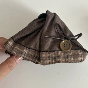Vintage brown plaid claw clip with button and bow detail for women hair styling