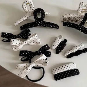 French Sweet Polka Dot Bowknot Hair Clip Black White Polka Dot Fabric Wrapped Duckbill Clip Vintage Shark Clip Accessory