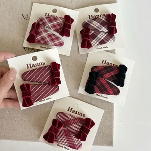 French vintage burgundy plaid bow hair clips set with velvet details on card
