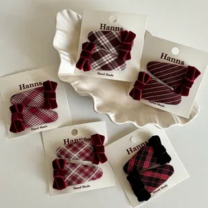 French Wine Red Plaid Hair Clips Velvet Bow Hairpins Retro Checkered Teardrop BB Clips Handmade Hair Accessories For Women