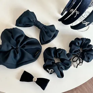 Prussian Blue Bow Hair Clip Navy Blue Velvet Headband For Women Retro Elegant Fabric Hairpin Daily Office Hair Accessory