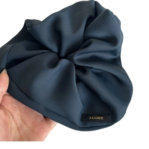 Prussian blue matte oversized scrunchie with ALLINE brand tag for daily hairstyle