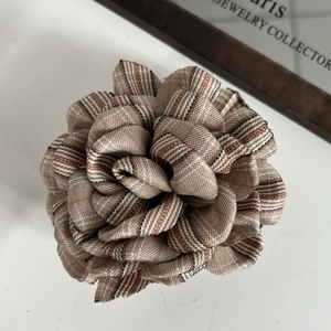British style plaid rose flower hair claw clip with brown and beige fabric petals
