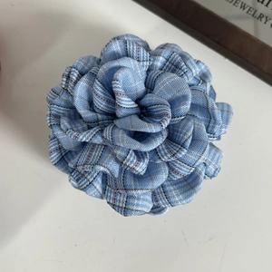 British style blue plaid rose flower hair claw clip with elegant fabric petal design