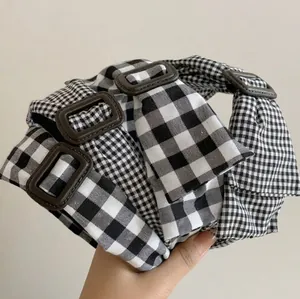 Retro Gingham Plaid Wide Headband For Women Vintage Black And White Checkered Hair Hoop With Square Buckle Hair Accessories