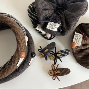 Vintage Tweed Bowknot Headband For Women Retro Herringbone Fabric Hairband With Gold Button Bear Label Winter Hair Accessories