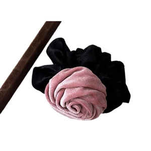 Vintage velvet rose scrunchie with pink floral petals and black elastic hair band