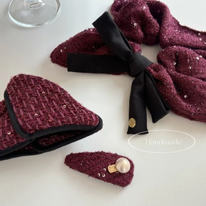 French style burgundy tweed hair accessory set with headband, bow scrunchie and pearl clip