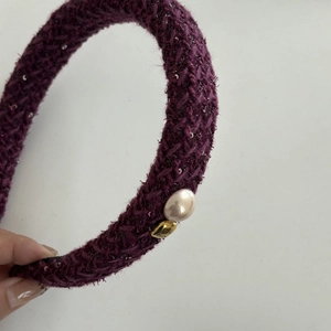 Premium purple tweed headband with sequins, featuring a large pink pearl and golden charm