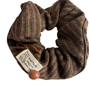 Retro brown plaid scrunchie with cute bear label and bow button detail for autumn