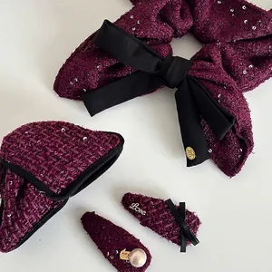 Vintage Purple Tweed Hair Accessories With Satin Bow Artificial Pearl Sequin Handmade Hair Clip Scrunchie Headband For Women Fashion Jewelry