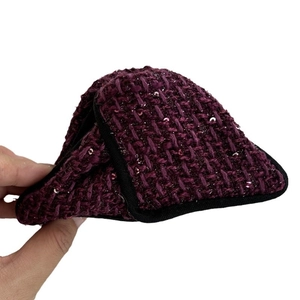 Purple sequin tweed triangular mini coin purse with black trim and elegant texture