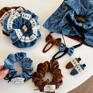 Retro Women Hair Accessories Velvet Bow Hair Clips Heart Headbands Lace Scrunchies Elegant Blue Brown Daily Headwear