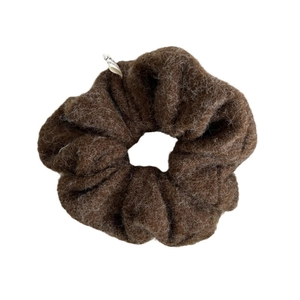 Vintage dark brown plush hair scrunchie made of soft faux wool fabric with white label