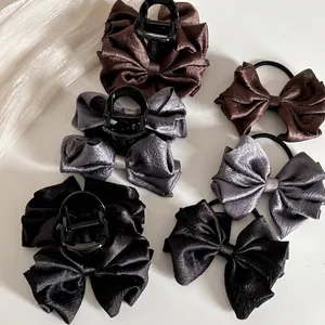 Vintage Pleated Satin Bowknot Hair Claw Clip And Large Bow Hair Tie Set Elegant French Style Hair Accessories For Women
