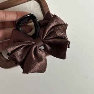Elegant bronze brown satin bow hair claw clip with pleated silk texture for women