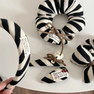 Handmade Knitted Black White Striped Hair Clips Bear Cherry Bow Scrunchies Gentle Vintage Hair Accessories For Women Girls