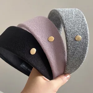 Women Elegant Wide Edge Woolen Headband With Gold Buckle High Skull Top Fashion Winter Hairband Handmade Hair Accessories