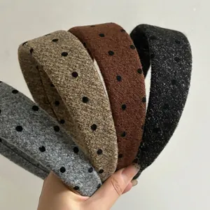 Vintage Polka Dot Wide Brim Woolen Fabric Headband For Women High Top Autumn Winter Fashion Hair Hoop Hair Accessories