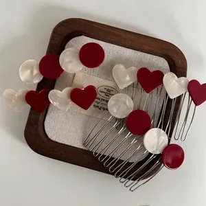 Pince à Cheveux Rétro Française Coeur Rond Texture Marbre Peigne en Métal Rouge Blanc Acrylique Géométrique Clip Femmes