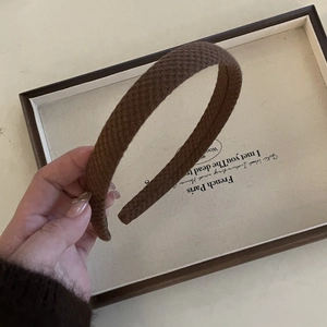 Vintage dark brown knitted headband with textured corduroy fabric for women