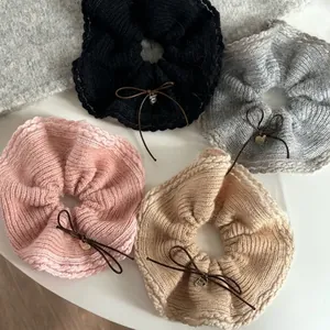 Chouchou Tricoté en Laine avec Nœud pour Femmes Grand Élastique à Cheveux Élégant Accessoire Cheveux Hivernal