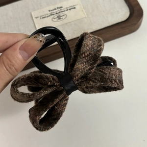 Vintage dark brown tweed bow hair claw clip for elegant buns and side hair styling